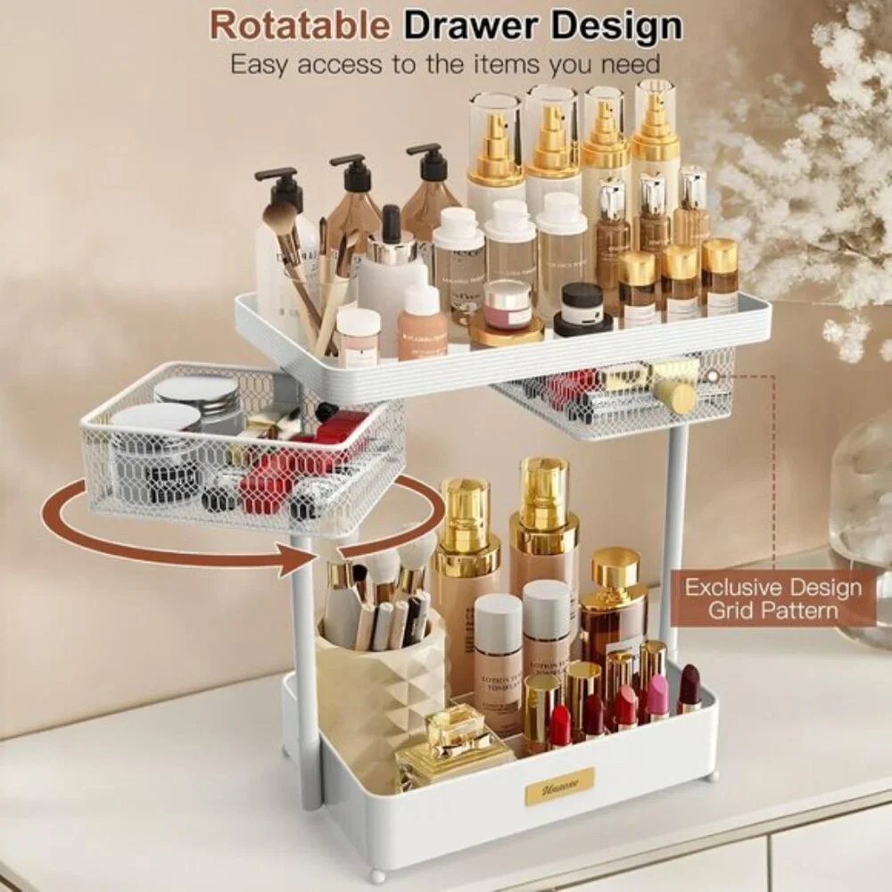 New 2-Tier Makeup Organizer Countertop, Rotating Drawers for Vanity & Skincare